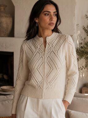 St. John Cream Pointelle Knit Zip Front Sweater Minimalist Quiet Luxury Chic S